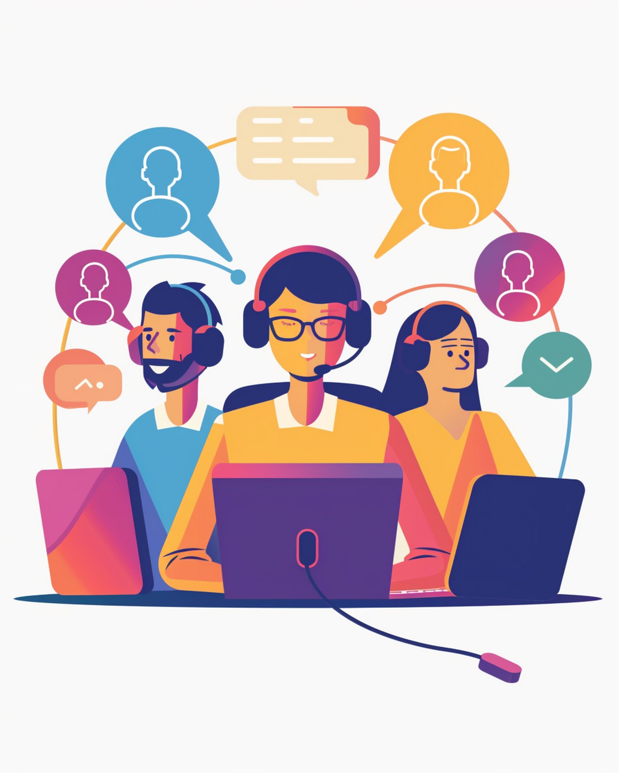 Group people sitting desk with laptops and headsets image